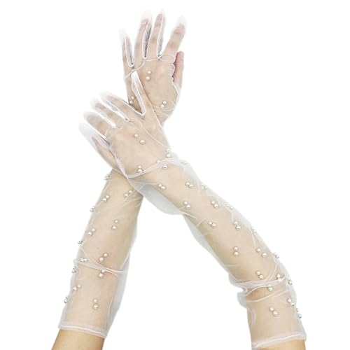 SLEEKEE 1 pair of pearl gloves, tulle pearl long gloves, women's lace gloves, white bridal gloves for ladies, brides, girls. von SLEEKEE