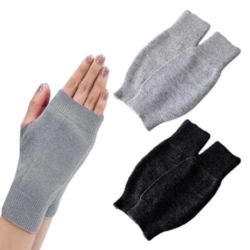 SLEEKEE 2 Paar Fingerlose Kaschmir-Handschuhe, Thermo-Strick-Handgelenkhandschuhe, Winterwarme Halbfinger-Handschuhe, Kaschmir-Thermohandschuhe, Schwarze Und Hellgraue Handschuhe Mit Daumenlöchern von SLEEKEE