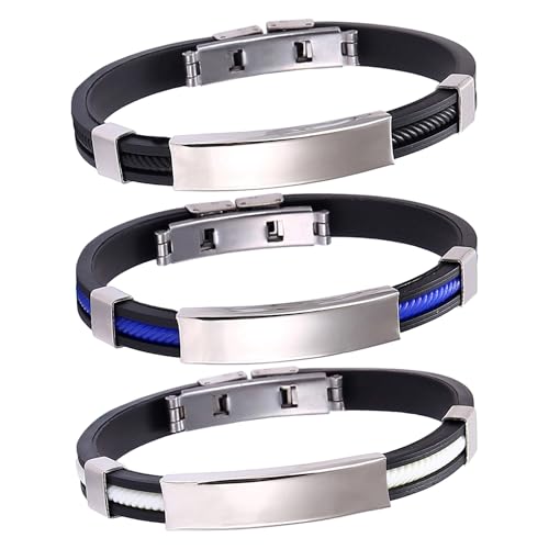 SLEEKEE 3 Stück Titan-Stahl-Silikon-Armbänder Für Männer Und Frauen, Titan-Armbänder, Stressabbau-Armbänder, Modischer Und Cooler Schmuck, Tägliche Accessoires (Blau, Schwarz, Weiß) von SLEEKEE