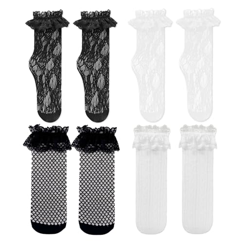 SLEEKEE 4 Paar Damen-Spitzensocken, plissierte Rüschensocken, elastische Mittelwadensocken, hohle Netzsocken (schwarz, weiß) von SLEEKEE