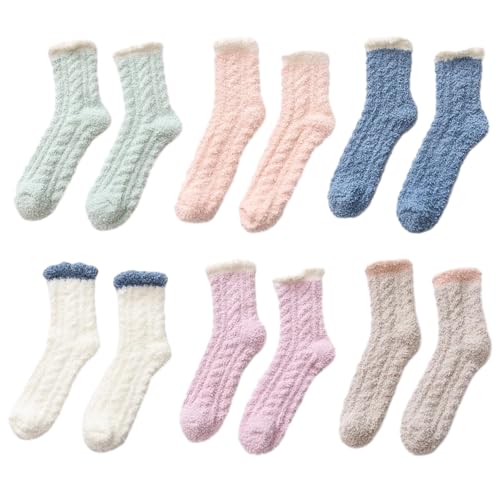 SLEEKEE 6 Paar Coral Fleece Socken, Herbst und Winter warme Socken, Mid-Calf verdickt Plüsch Socken, flauschige Pantoffel Socken, Frauen dicke Socken, weich und bequem Schlafsocken von SLEEKEE