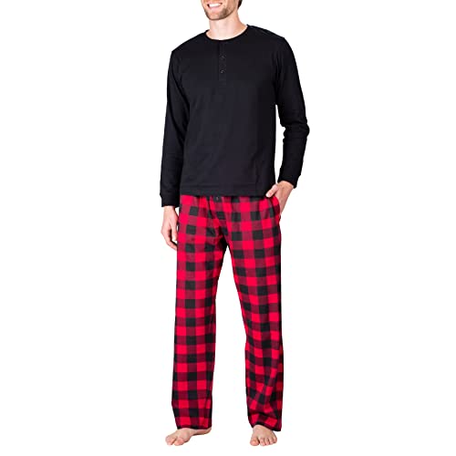 SLEEPHERO Herren Pyjama Set Pyjama für Herren 2-teiliges PJ Set mit Baumwolle Strick Herren Pyjamahose und Langarm Henley T-Shirt, Schwarz mit rotem Büffelkaro, X-Large von SLEEPHERO