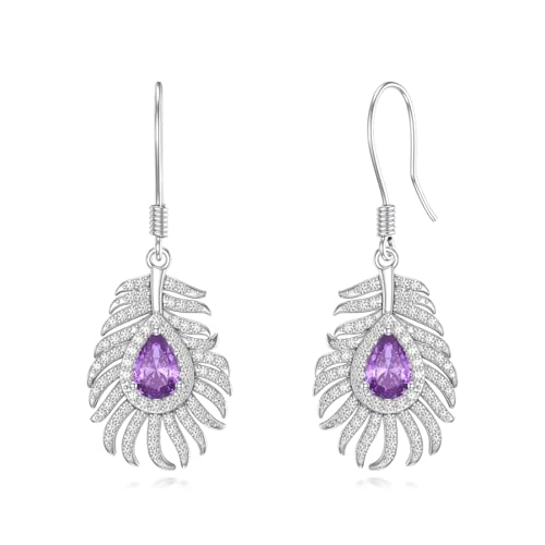 Amethyst Feder Ohrringe für Damen 925er Sterlingsilber Amethyst Feder Ohrhänger hypoallergen echter Schmuck Geschenke für Mutter und Frau von SLIACETE