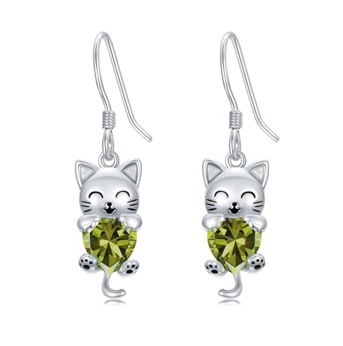 Katzen Ohrring mit synthetischem Geburtsstein Katzen-Ohrhänger Geschenk für Frauen (August (Peridot)) von SLIACETE