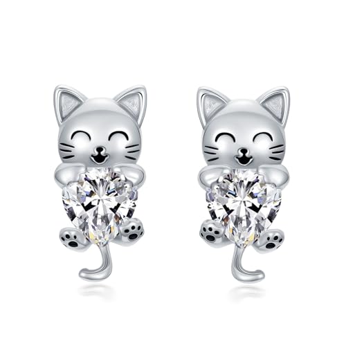 Katzen-Ohrstecker mit synthetischem Geburtsstein Katzenohrring Schmuck Geschenk für Frauen (April (Weißer Kristall)) von SLIACETE