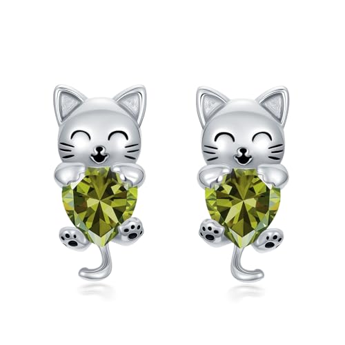 Katzen-Ohrstecker mit synthetischem Geburtsstein Katzenohrring Schmuck Geschenk für Frauen (August (Peridot)) von SLIACETE