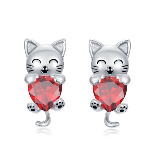 Katzen-Ohrstecker mit synthetischem Geburtsstein Katzenohrring Schmuck Geschenk für Frauen (Januar (Granat)) von SLIACETE