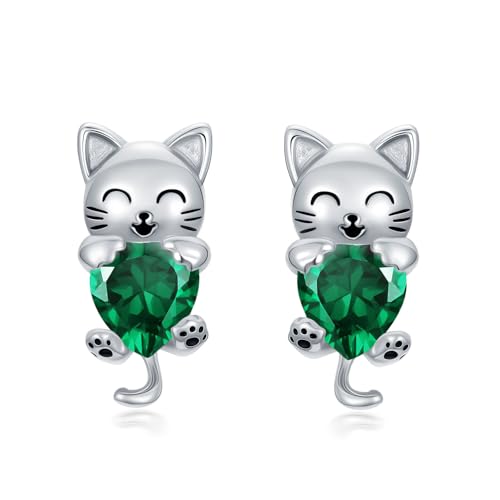 Katzen-Ohrstecker mit synthetischem Geburtsstein Katzenohrring Schmuck Geschenk für Frauen (Mai (Smaragd)) von SLIACETE