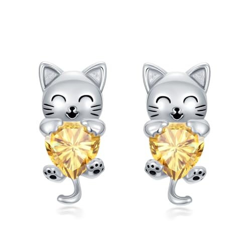 Katzen Ohrstecker mit synthetischem Geburtsstein Katzenohrring Schmuck Geschenk für Frauen (November (Citrin)) von SLIACETE