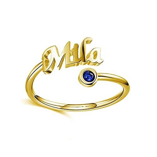 SLIACETE Personalisierter Name Ring Graving Namensschild Stapelring mit synthetischem Birthstone Anpassen Namensversprechen Ring für Frauen Mädchen Männer (Sterling Silber-Gelbgold Farbe) von SLIACETE