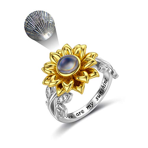 SLIACETE 925 Silber Sonnenblume Ring mit Ich liebe dich 100 Sprachen Stein Du bist mein Sonnenschein-Blumenring-Geschenk für Frauen Mädchen 54 von SLIACETE