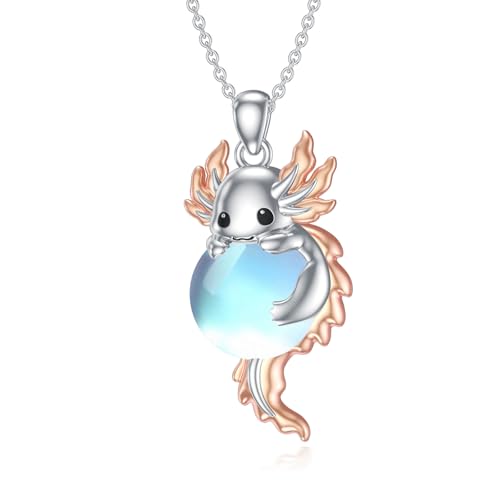 SLIACETE 925 Sterling Silber Axolotl Kette für Damen Mondstein und Axolotl Anhänger Silber Axolotl Halskette Axolotl Schmuck Geschenk für Axolotlliebhaberin von SLIACETE