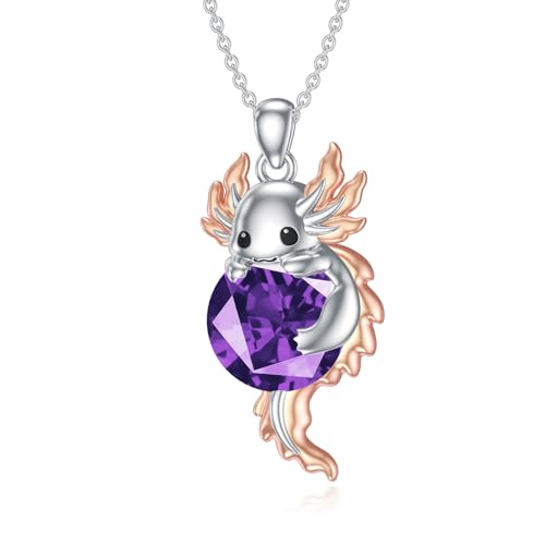SLIACETE 925 Sterling Silber Axolotl Kette für Damen und Mädchen Februar Geburtsstein und Axolotl Anhänger Silber Axolotl Halskette Axolotl Schmuck Geschenk für Axolotlliebhaberin von SLIACETE