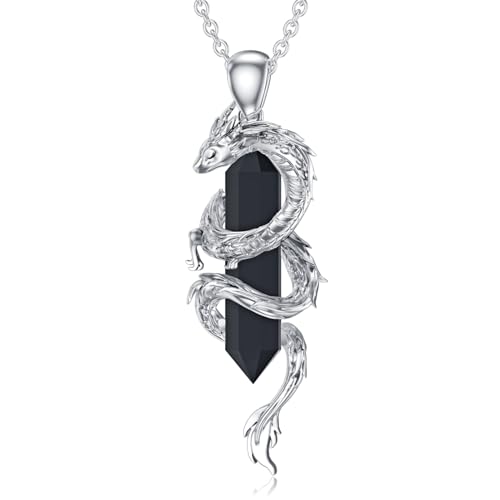 SLIACETE 925 Sterling Silber Drachen Kette für Damen, Drachen und Obsidian Anhänger Halskette Drachenschmuck Drachenliebhaber Geschenke von SLIACETE