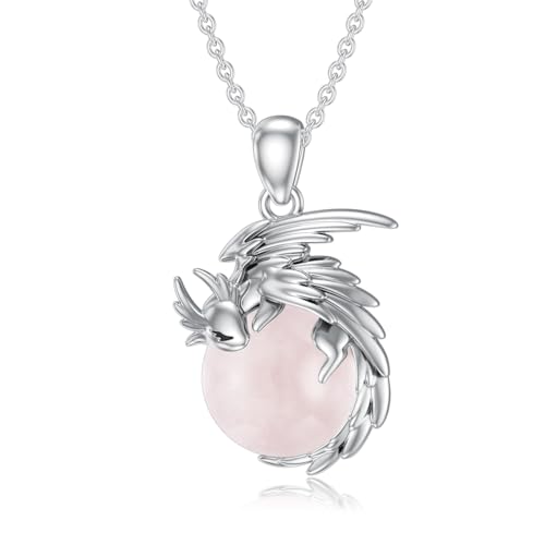 SLIACETE 925 Sterling Silber Drachen Kette für Damen und Mädchen, Rosenquarz und Drachen Anhänger Kette Silber Drachen Halskette Drachen Schmuck Geschenk für Drachenliebhaberin von SLIACETE