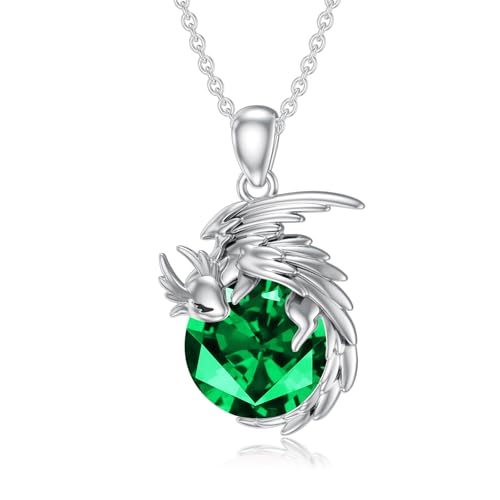 SLIACETE 925 Sterling Silber Drachen Kette für Damen und Mädchen - Mai Geburtsstein Anhänger - Silber Halskette Schmuck Geschenk für Drachenliebhaberin SLIACETE 925 Sterling Silber Drachen Kette für Damen und Mädchen - Mai Geburtsstein Anhänger - Silber Halskette Schmuck Geschenk für Drachenliebhaberin von SLIACETE