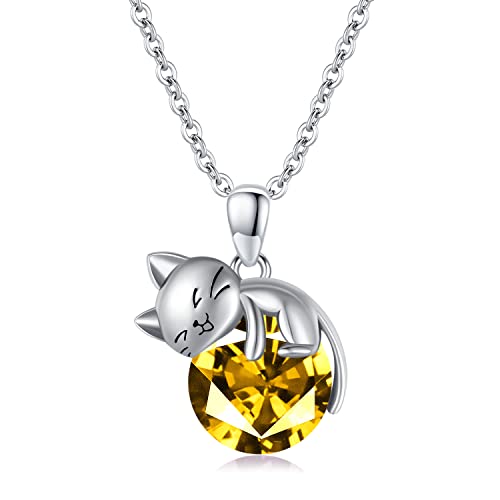 SLIACETE 925 Sterling Silber Geburtsstein Katze Halskette Frauen Mädchen Niedliche Kätzchen Katze Hält November Geburtsstein Anhänger Kette Katzenschmuck Geschenk für Mutter Tochter Katzenliebhaber von SLIACETE