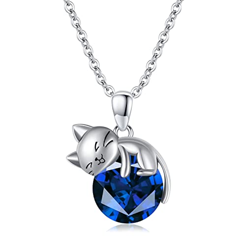 SLIACETE 925 Sterling Silber Geburtsstein Katze Halskette Frauen Mädchen Niedliche Kätzchen Katze Hält September Geburtsstein Anhänger Kette Katzenschmuck Geschenk für Mutter Tochter Katzenliebhaber von SLIACETE