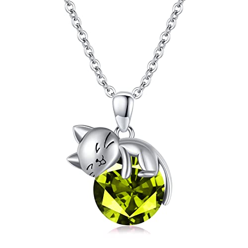 SLIACETE 925 Sterling Silber Geburtsstein Katze Halskette für Frauen Mädchen Niedliche Kätzchen Katze Hält August Geburtsstein Anhänger Kette Katzenschmuck Geschenk für Mutter Tochter Katzenliebhaber von SLIACETE