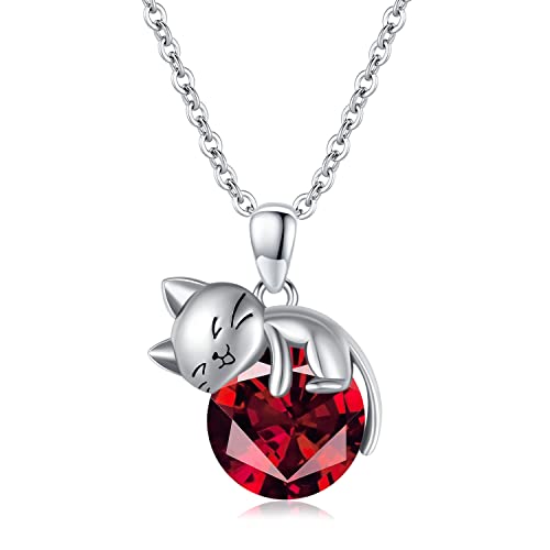 SLIACETE 925 Sterling Silber Geburtsstein Katze Halskette für Frauen Mädchen Niedliche Kätzchen Katze Hält Januar Geburtsstein Anhänger Kette Katzenschmuck Geschenk für Mutter Tochter Katzenliebhaber von SLIACETE