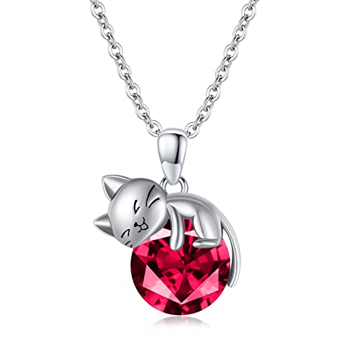 SLIACETE 925 Sterling Silber Geburtsstein Katze Halskette für Frauen Mädchen Niedliche Kätzchen Katze Hält Juli Geburtsstein Anhänger Kette Katzenschmuck Geschenk für Mutter Tochter Katzenliebhaber von SLIACETE