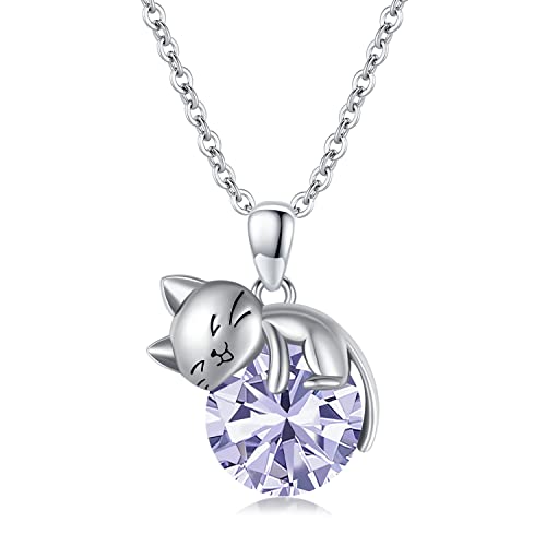 SLIACETE 925 Sterling Silber Geburtsstein Katze Halskette für Frauen Mädchen Niedliche Kätzchen Katze Hält Juni Geburtsstein Anhänger Kette Katzenschmuck Geschenk für Mutter Tochter Katzenliebhaber von SLIACETE