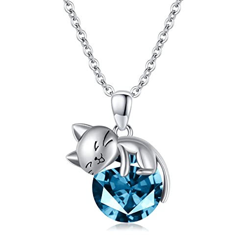 SLIACETE 925 Sterling Silber Geburtsstein Katze Halskette für Frauen Mädchen Niedliche Kätzchen Katze Hält März Geburtsstein Anhänger Kette Katzenschmuck Geschenk für Mutter Tochter Katzenliebhaber von SLIACETE