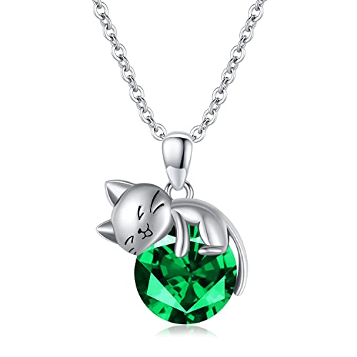 SLIACETE 925 Sterling Silber Geburtsstein Katze Halskette für Frauen Mädchen Niedliche Kätzchen Katze Hält Mai Geburtsstein Anhänger Kette Katzenschmuck Geschenk für Mutter Tochter Katzenliebhaber von SLIACETE