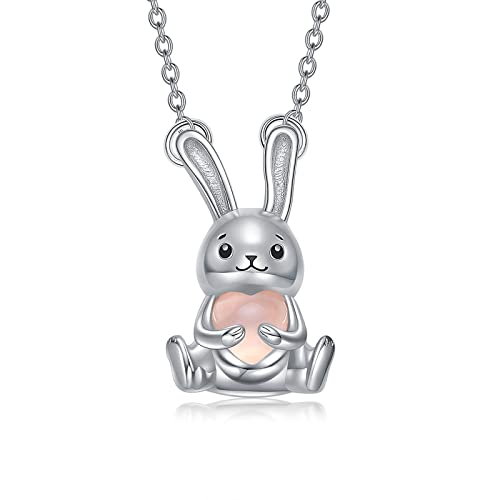 SLIACETE 925 Sterling Silber Hase Halskette mit Herz Rosenquarz Niedlicher Kaninchen Herz Rosenquarz Anhänger Kette für Frauen Mädchen Hase Schmuck Geschenke von SLIACETE