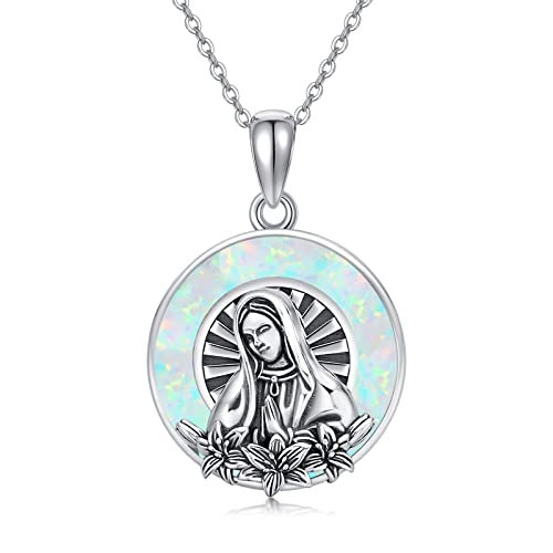 SLIACETE 925 Sterling Silber Jungfrau Maria Halskette mit Opal für Frauen Wundertätige Medaille Anhänger Halskette Katholischer Religiöser Schmuck Geschenke von SLIACETE