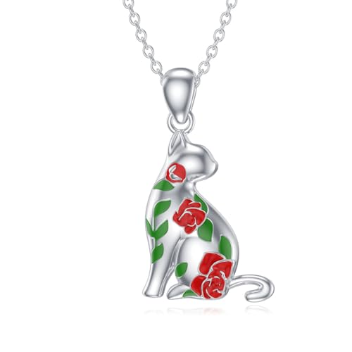 SLIACETE 925 Sterling Silber Katze Kette für Damen Rose Blume Katzen Anhänger Kette Katzen Halskette Katzenschmuck Geschenk für Katzenliebhaber von SLIACETE