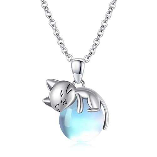 SLIACETE 925 Sterling Silber Mondstein und Katze Halskette für Frauen Mädchen Niedliche Kätzchen Katze Hält Kugelförmige Mondstein Anhänger Kette Katzenschmuck Geschenk für Katzenliebhaber von SLIACETE