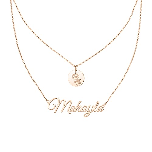 SLIACETE 925 Sterling Silber Personalisiert Namenskette mit Geburtsblume für Frauen Mädchen Layering Kette Personalisierte Schmuck Geschenke, Roségold, Gravierte Blume von SLIACETE