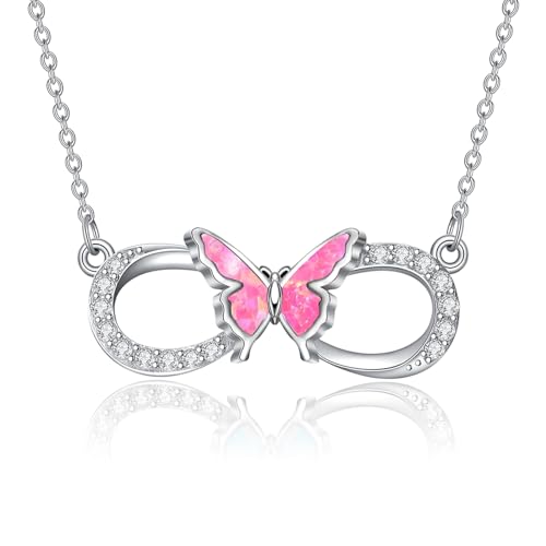 SLIACETE 925 Sterling Silber Schmetterling Kette für Damen Opal Schmetterling Infinity Halskette Schmetterling Schmuck Geschenke für Mutter Tochter Frau Freundin Rosa Opal von SLIACETE