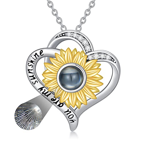 SLIACETE 925 Sterling Silber Sonnenblume Herz Kette ich liebe dich 100 Sprachen Projektion Halskette für Frauen ich liebe dich 100 Sprachen Schmuck Geschenk für Mutter Tochter Ehefrau Freundin von SLIACETE