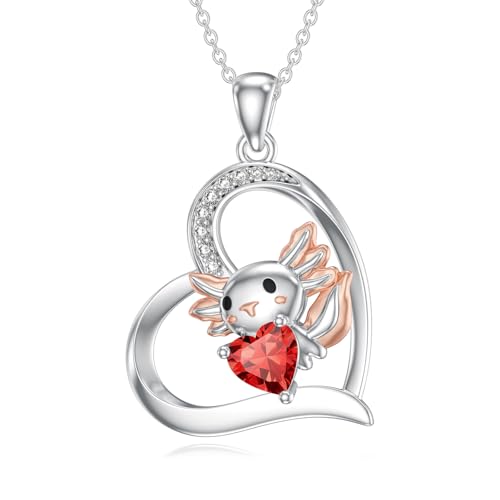 SLIACETE Axolotl Halskette für Frauen 925 Sterling Silber Natürlicher Granat Herz Axolotl Anhänger Tierschmuck für Mama von SLIACETE