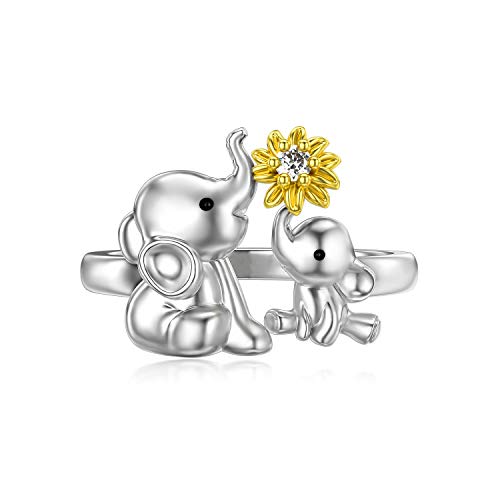 SLIACETE Elefant Ring Sterling Silber Mutter und Kind Tier Elefant mit Sonnenblume Stapelring Geschenk für Frauen Mädchen 52 von SLIACETE