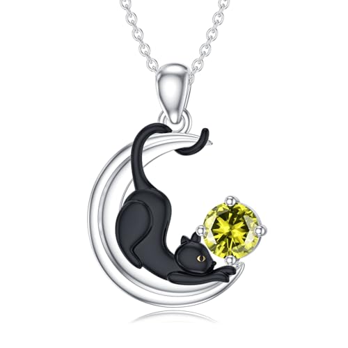 SLIACETE Halskette mit Geburtsstein Schwarze Katze und Anhänger Katze auf Mond Schmuckgeschenk für Frauen (August) von SLIACETE