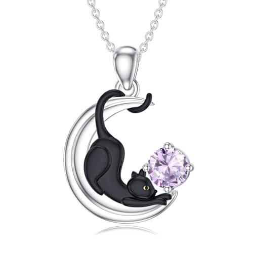 SLIACETE Halskette mit Geburtsstein Schwarze Katze und Anhänger Katze auf Mond Schmuckgeschenk für Frauen (Juni) von SLIACETE