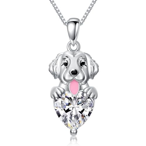 SLIACETE Halskette mit Hundeanhänger Golden Retriever und synthetischem Geburtsstein Geschenk für Frauen (April (Weißer Kristall)) von SLIACETE