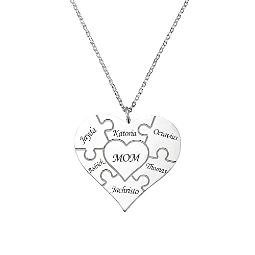 SLIACETE Herz Puzzle Namenskette Personalisiert 925 Sterling Silber Graviert 1-12 Name Herz Anhänger Halskette Muttertag Schmuck Geschenke Für Frauen Mama Oma Tochter Ehefrau Freundinnen, Silber von SLIACETE
