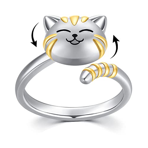 SLIACETE Katze Spinner Ring 925 Sterling Silber Katze Fidget Ring für Angst für Frauen Mädchen Verstellbarer Offener Ring Stressabbau Angst Ring Katzen Schmuck Geschenke für Katzenliebhaber, Size: 49 von SLIACETE