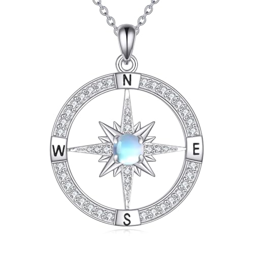 SLIACETE Kompass Halskette für Frauen 925 Sterling Silber Mondstein Kompass Anhänger Halskette Graduierung Schmuck Geschenke für Tochter von SLIACETE