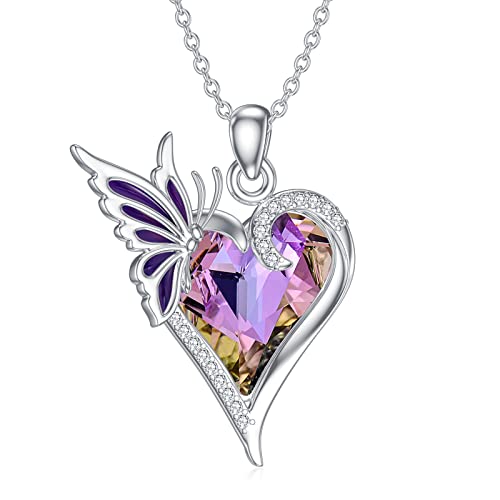 SLIACETE Kristall Herz Schmetterling Kette für Damen Mädchen 925 Sterling Silber Schmetterling Halskette mit österreichischem Kristall Schmuck Geschenke Lila von SLIACETE