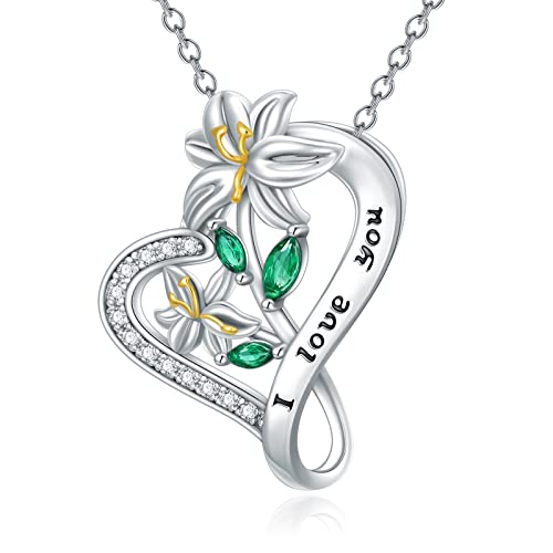 SLIACETE Lilien Halskette für Frauen Mädchen 925 Sterling Silber Lilienblume und Herz Zierliche Anhänger Kette Mai Geburtsblume Lilienblume Schmuck Geschenke von SLIACETE