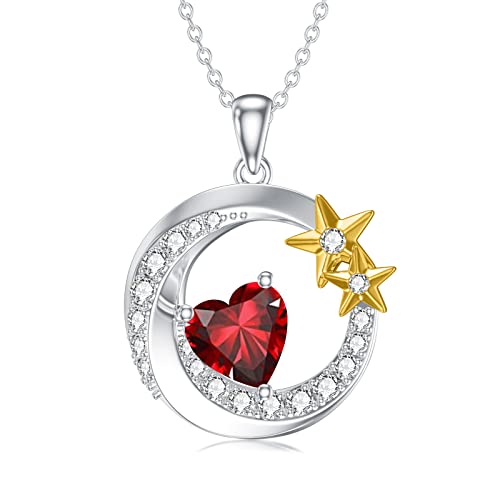 SLIACETE Mond und Stern Herz Geburtsstein Halskette für Frauen Mädchen 925 Sterling Silber Mond und Stern Anhänger Kette Geburtsstein Schmuck Geschenk für Mutter Tochter Frau Freundin Schwester, Jul von SLIACETE