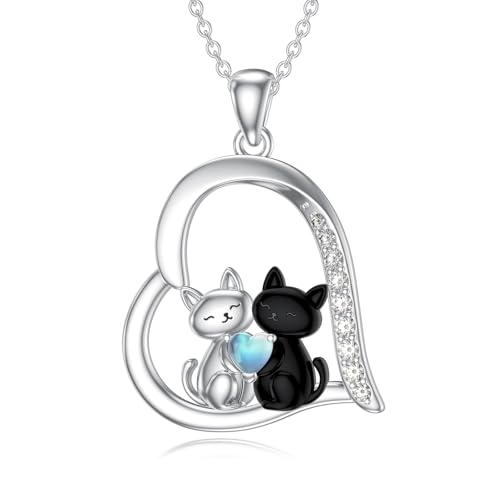 SLIACETE Mondstein Katzenkette für Damen 925er Sterlingsilber Herzanhänger mit zwei Katzen Mondsteinschmuck Jubiläumsgeschenk für Ihre Frau von SLIACETE