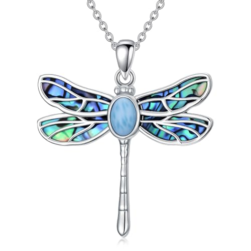 SLIACETE Natürliche Larimar Libelle Halskette für Frauen 925 Sterling Silber Libelle Anhänger mit Abalone Muschel Larimar Schmuck Libelle Geschenke für Mama Frau von SLIACETE
