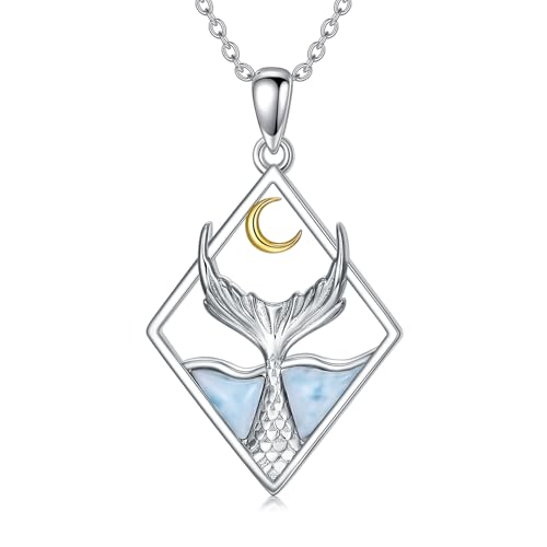 SLIACETE Natürliche Larimar Meerjungfrau Halskette für Frauen 925 Sterling silber Ozeanwellen-Halskette Meerjungfrauenschwanz Anhänger Larimar Sommer Meerjungfrau Schmuck von SLIACETE