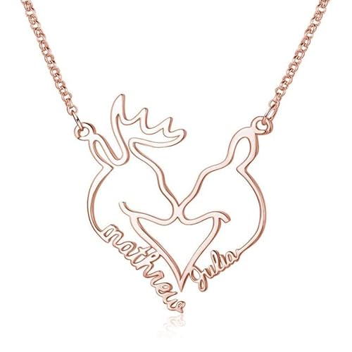 SLIACETE Paar Name Hirschkopf Kette Personalisierte 925 Sterling Silber 2 Namen Hirsch Halskette Personalisierte Schmuck Geschenk für Frauen Mädchen, Roségold von SLIACETE